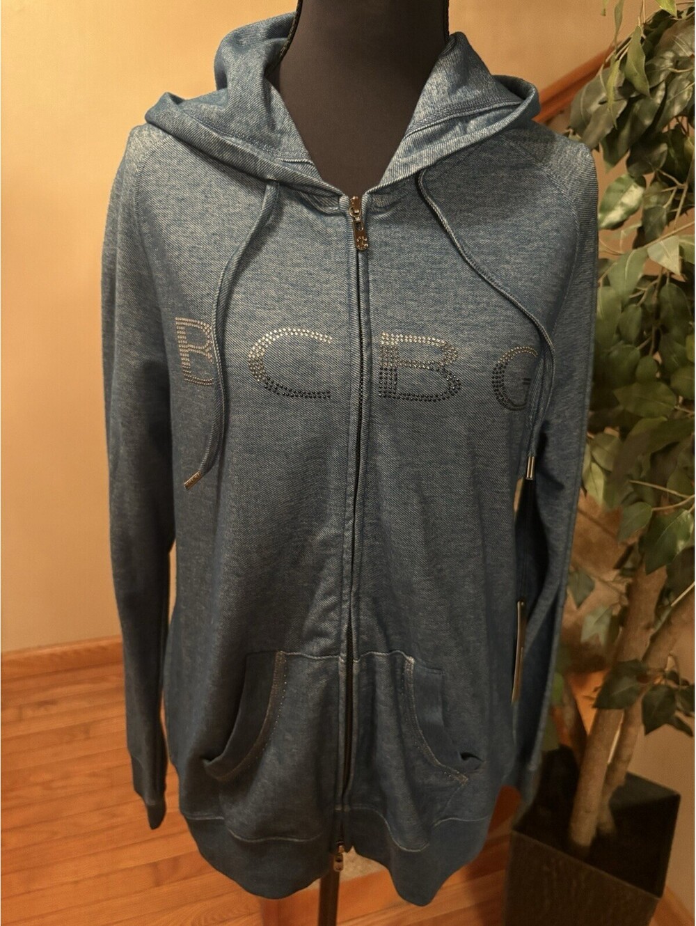 BCBGMAXAZRIA Full Zip Rhinestone Embellished Hoodie Women’s Size L Moroccan Blue